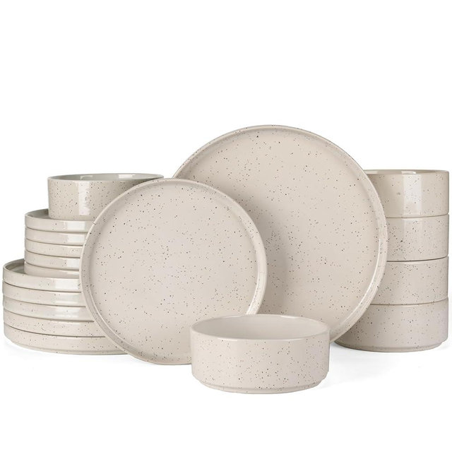 Famiware Nebula Plates and Bowls Sets, 18 Pieces Dinnerware Sets, Dishes Set for 6, Creamy White with Colorful Speckles