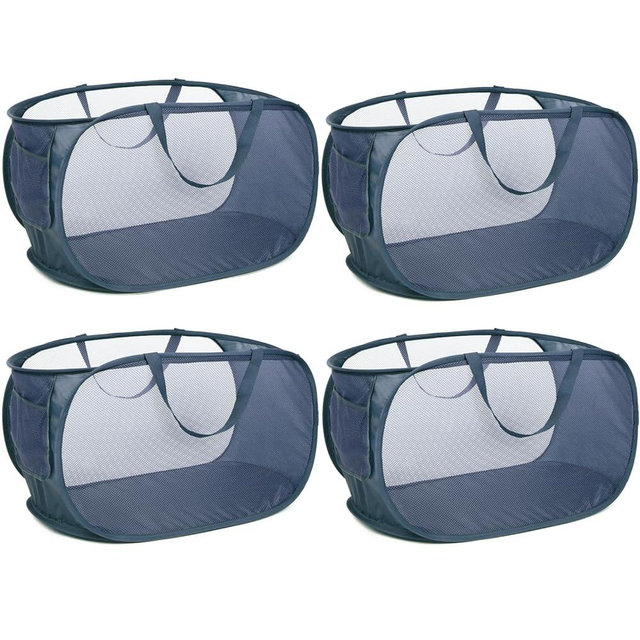 4 Pack Collapsible Laundry Baskets, Foldable Laundry Basket with Pocket, Durable Pop Up Hampers, Reinforced Handles Dirty Clothes Hamper for Laundry, Bedroom, Bathroom, Dorm, Travel or Camping Navy