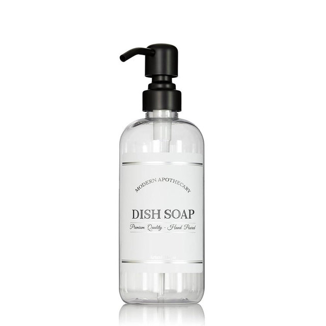 Refillable Clear PET Plastic 16 oz Dish Soap Bottle with Black Satin Pump Dispenser - Chrome Accent Waterproof Labeled Bottle