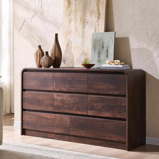 Aitjunz Modern 8 Drawers Dresser for Bedroom, 55" Wide Dressers & Chest of Drawers w/Curved Profile Design, Wood Mid Century Storage Dressers Organizer for Bedroom, Living Room, Brown