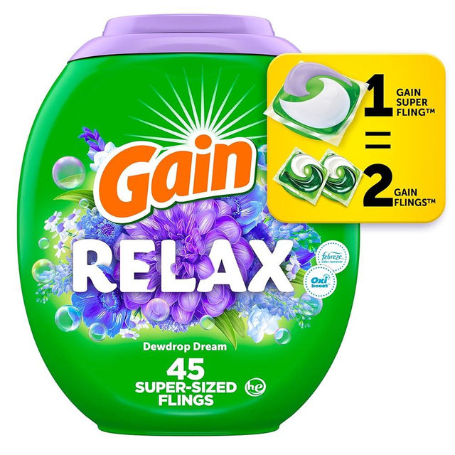 Gain Super Sized Flings! Laundry Detergent Soap Pacs, Relax, 3-in-1 Detergent Pacs with Febreze and Oxi, Dewdrop Dream Scent, 45 Count, Gain Laundry Detergent, Laundry Pacs Detergent
