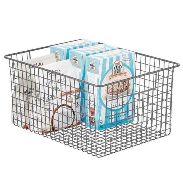mDesign Farmhouse Decor Metal Wire Food Organizer Storage Bin Baskets with Handles for Kitchen Cabinets, Pantry, Bathroom, Laundry Room, Closets, Garage - Charcoal Gray