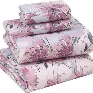 RUVANTI 100% Cotton Percale Sheets King Size – Crisp Cooling Bed Sheets for Hot Sleepers, Deep Pocket 16”, Soft Breathable & Durable Hotel-Style 4 Piece Set, Lilac Floral