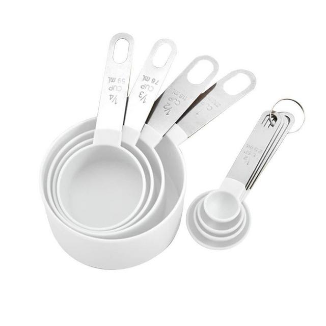 Measuring Cups and Spoons Set, 8 Piece Stackable Stainless Steel Handle Accurate Tablespoon for Measuring Dry and Liquid Ingredients Small Teaspoon with Plastic Head (8, White)