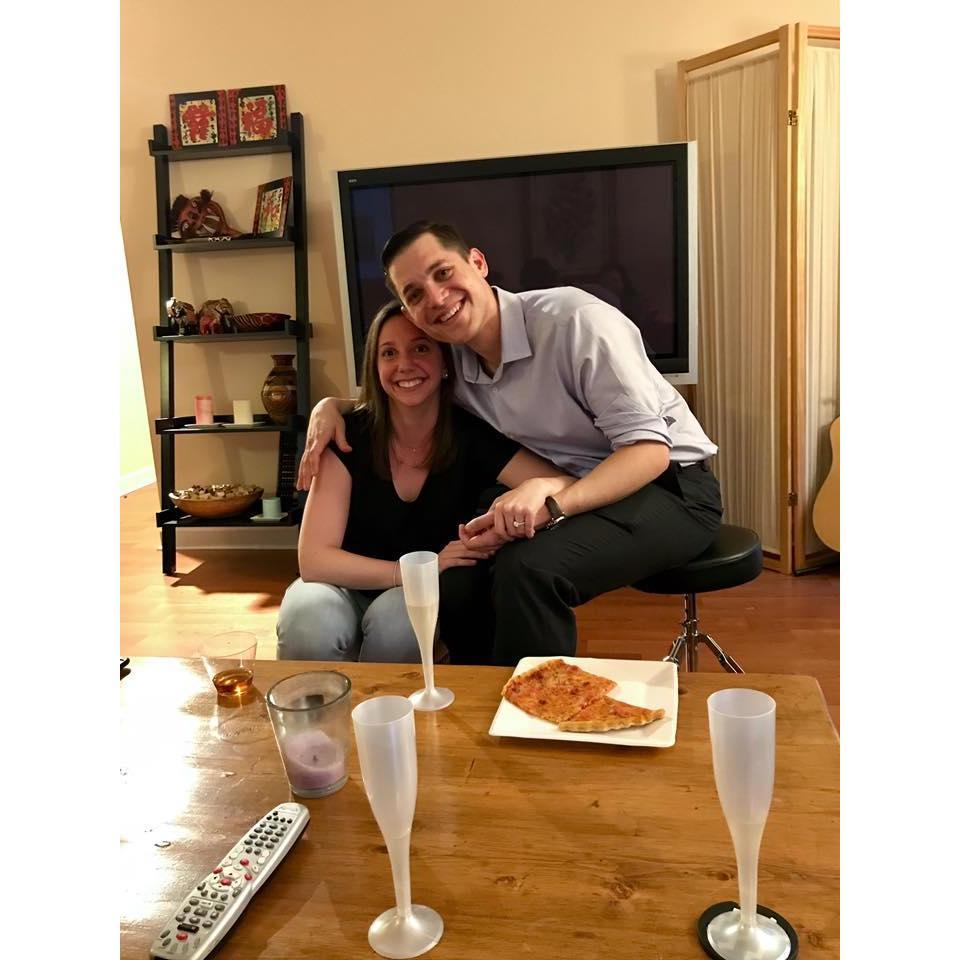 Shortly after Quincy shook off the shock of being proposed to. Mike had four of Quincy's favorite things: Family, Friends, Pizza, Champagne