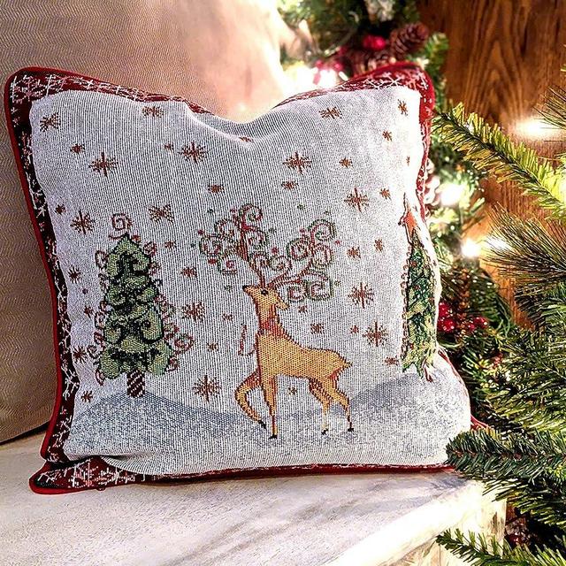Tache Winter Forest Reindeer Antique Vintage Christmas Eve Snowflakes Holiday Season Decorative Woven Tapestry Cushion Cover, 16 x 16, 2 Pieces