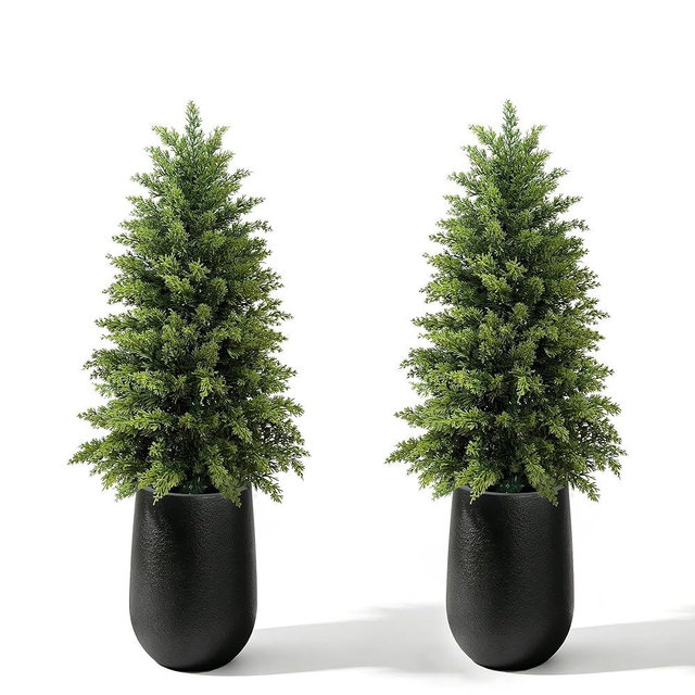 4FT Tall 2 Pack Natural Drooping Leaf Artificial Cedar Topiary Trees,Realistic Faux Evergreen in Black Bullet Planter Fillable Water Bag,Outdoor Evergreen for Front Porch Entryway Office Home Decor