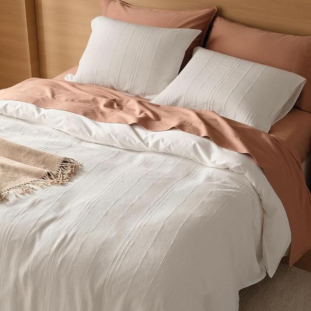 Double Stitch Striped Textured Duvet Cover Set, Smooth Breathable Cotton Tencel Blend, Queen Size Comforter Cover, Ultra Soft Luxury Bedding Set, 1 Duvet Cover 90" x 90", 2 Shams, Textured White