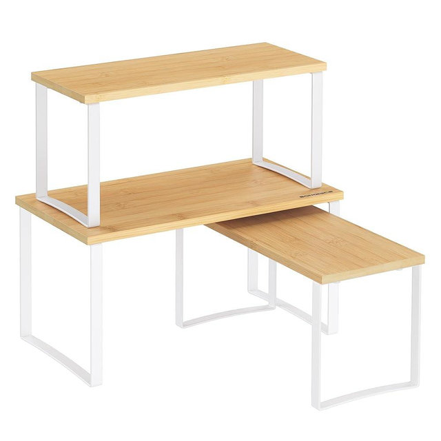 SONGMICS Cabinet Organizer Shelf, Set of 3 Kitchen Counter Shelves, Corner Shelves, Kitchen Storage, Spice Rack, Stackable, Expandable, Metal and Bamboo, Cloud White and Natural Beige UKCS014W01