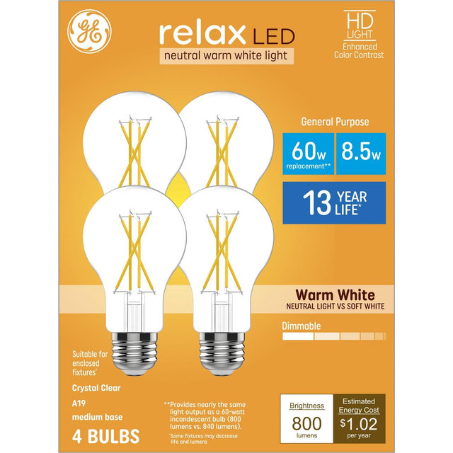 GE 4pk 60W Relax A19 LED Light Bulbs Warm White: Dimmable, 800 Lumens, 13.7-Year Life, E26 Base, 3000K, Wet Location Safe