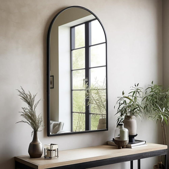 Dewfig Arched Wall Mounted Mirror, 42"x24", Arch Black Mirror for Bathroom Vanity, Living Room or Bedroom, Entryway, Modern & Contemporary Arch Top Wall Mirror, Black, Iron Frame