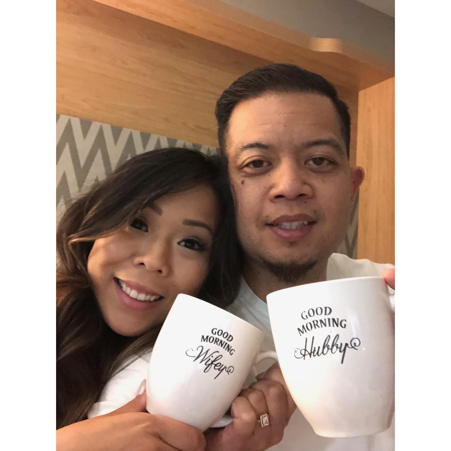 Enjoying some of our wedding shower gifts