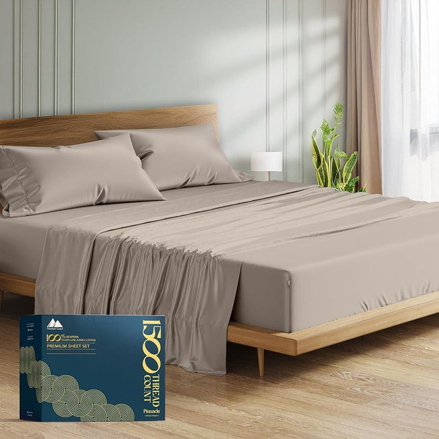 Mayfair Linen 100% Egyptian Cotton Sheets Queen Size - 1500 Thread Count 4 PC Queen Sheet Set Egyptian Cotton, Sateen Weave Sheets, High Thread Count Sheet, 19" Deep Pocket - Taupe