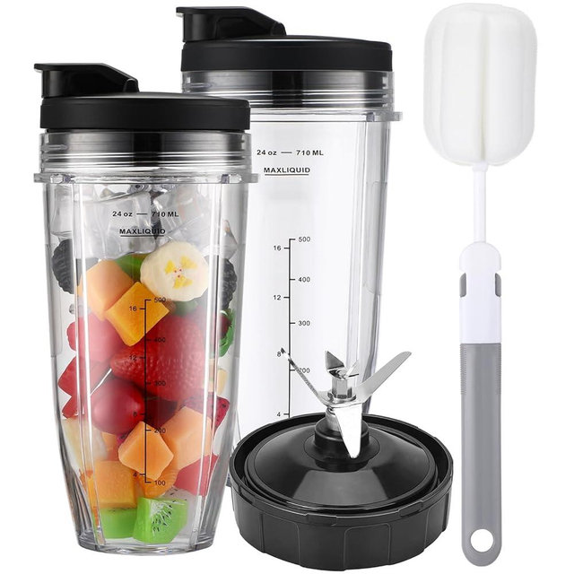 For Ninja Blender Cups Replacement Parts, 2 x 24oz Cups with Lids & 7-Fins Blade for Nutri Ninja BN401 BN751 BN801 L682-30 BL642-30 BL482-30 BL687CO-30 NN102 Extractor Blade with Cleaning Brush