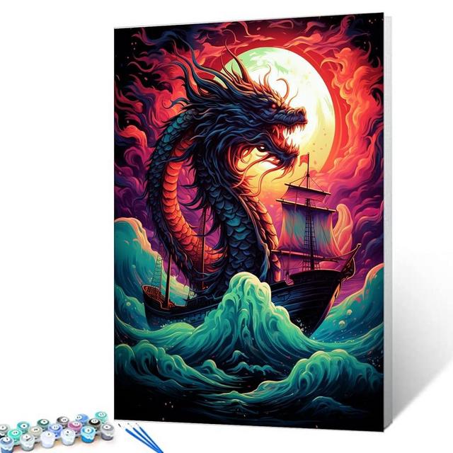 Fantasy Dragon Oil Painting Full Moon and Pirate Boat Paint by Number Kits 16 x 20 inch Seascape Digital Canvas DIY Oil Acrylic Painting for Kids Adults Beginner with BrushesNordics Gift(DIY Frame)