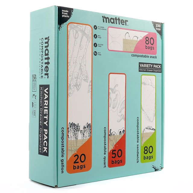 Matter Compostable Assorted Kitchen Bags, 230 Count, Biodegradable, Eco-Friendly Resealable Food Storage Variety Pack, 80 Snack, 80 Sandwich, 50 Quart & 20 Gallon