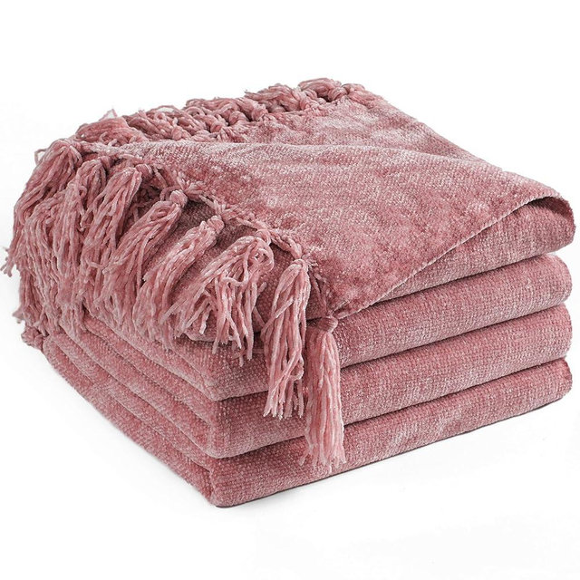 LONG CREATE Chenille Throw Blanket for Couch 60"X 80" Twin, Soft Cozy Throws with Fringe Tassel for Bed Sofa Chair Cover, Lightweight Knitted Decorative Boho Blankets for Living Room, Mauve