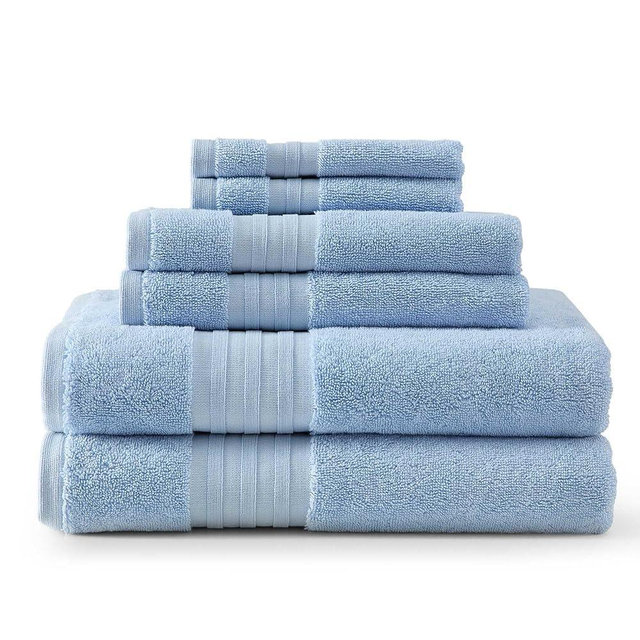 Martha Stewart - Bath Towels, Soft & Absorbent 100% Cotton Towels, Plush 700 GSM, 6-Piece Bathroom Towel Set with Textured Dobby Weave (Skyland Manor Blue)