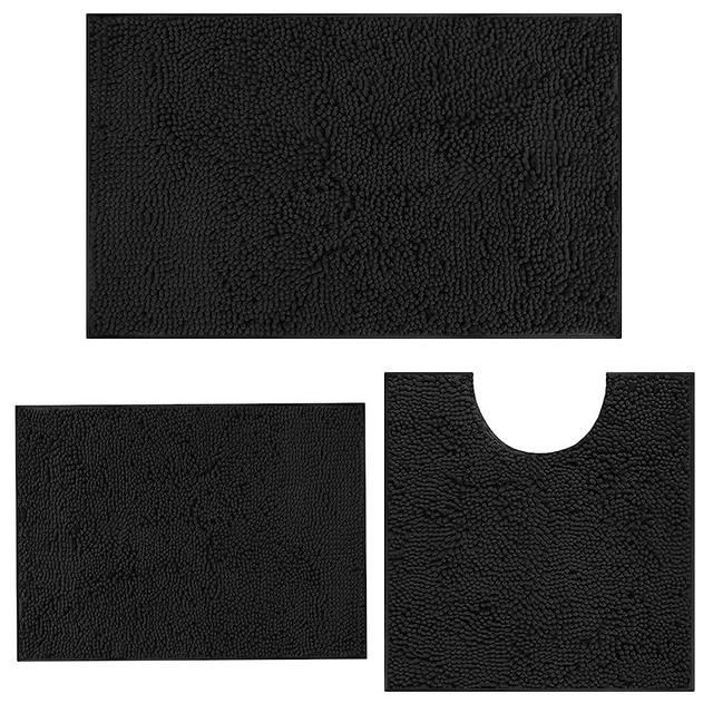 RUN HELIX Black Bathroom Rugs, Non-Slip Bath Mat Set, Chenille Bathroom Set, Bath Mat Sets 3 Pieces, Ultra Soft Bath Rug, and Absorbent Bath Mat, Plush Bath Mat for Bathroom, Tub,Shower