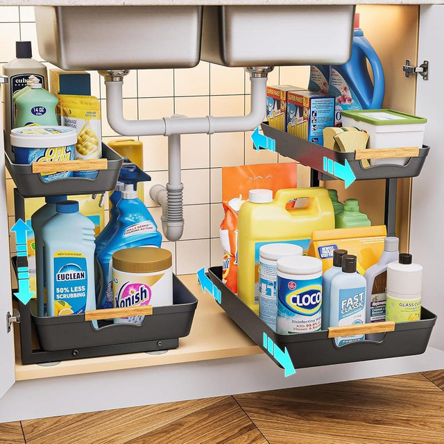 EUHOME Under Sink Organizer, 2 Tier Adjustable Height Under Sink Organizers and Storage, L-Shaped Slide Out Pull Out Cabinet Organizers for Bathroom Kitchen Pantry (2 Pack, Black)