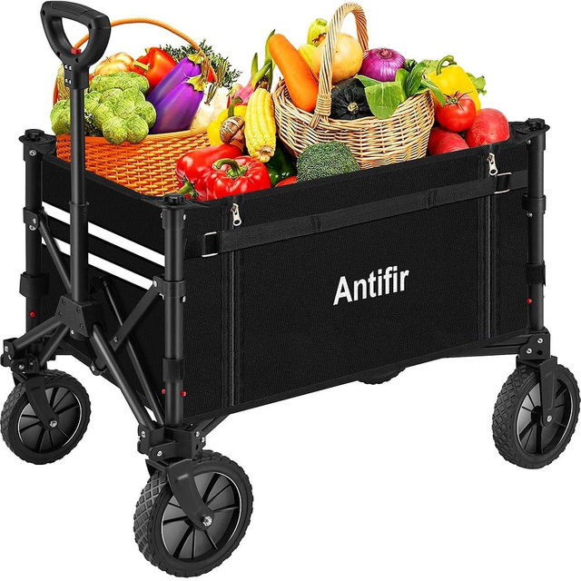 Antifir Collapsible Wagon with Large Capacity, Utility Wagons Carts Heavy Duty Foldable, Portable Folding Wagon with All-Terrain Wheels for Grocery Gardening Sports Shopping Fishing (Black)