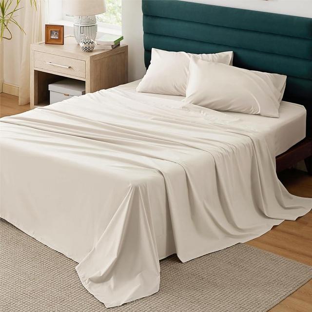 Bedsure Cotton Percale Queen Sheet Set - 100% Cotton Bed Set for Queen Size Bed, Breathable & Crirsp Soft Biege Sheets, Deep Pocket Up to 16 Inch, Bedding Bedsheets & Pillowcases