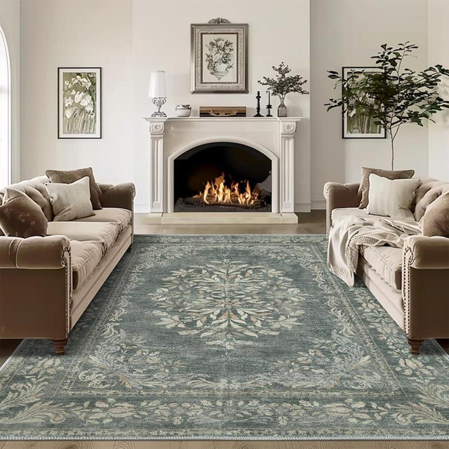 jinchan 8x10 Area Rug for Living Room Washable Soft Throw Rug Ultra-Thin Stain Resistant Non-Slip Distressed Vintage Floral Large Carpet for Bedroom,Dining Room,Home Office,Nursery(8x10ft,Dark Green)