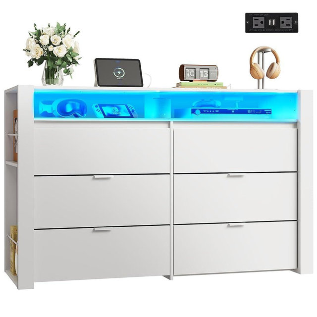 WLIVE 6 Drawer Led Dresser for Bedroom, 51" White Wood Dresser Storage Organizer with Charging Station for 55" TV, Dressers with Open Shelves, Hanging Rack, Chest of Drawers for Closet, Living Room