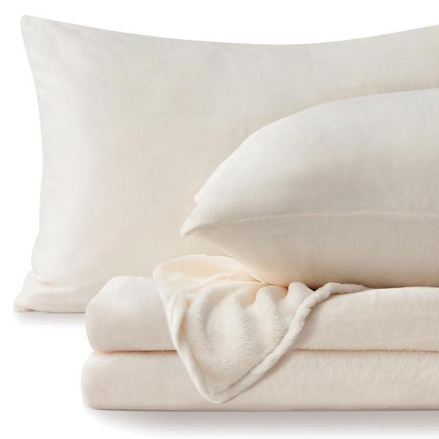BEDELITE Flannel Sheets King Size White - Super Soft Fleece Sheets Set Fluffy Extra Plush, 4 Piece(Include Fitted Sheet, Flat Sheet, 2 Pillowcases)