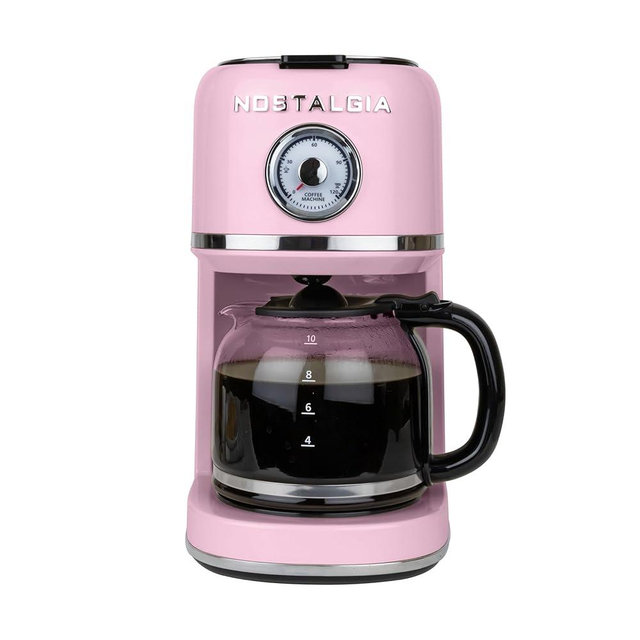 Nostalgia Classic Retro 10 Cup Coffee Maker - One-Touch Drip Brew, Reusable Filter - Anti-Drip, Auto Shutoff, & Time Display - Dishwasher Safe 50 oz Carafe - Pink