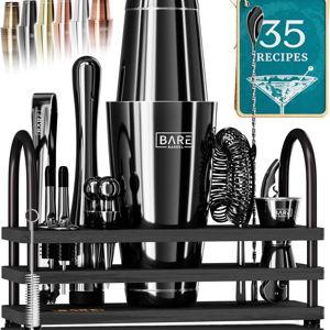BARE BARREL® Mixology Bartender Kit Bar Set | 14-Piece Cocktail Shaker Set | Martini Barware Mixing Tools for Home Bartending | 35 Recipe Cards | Gift Set (28oz Boston Shaker, Jet Black/Black)