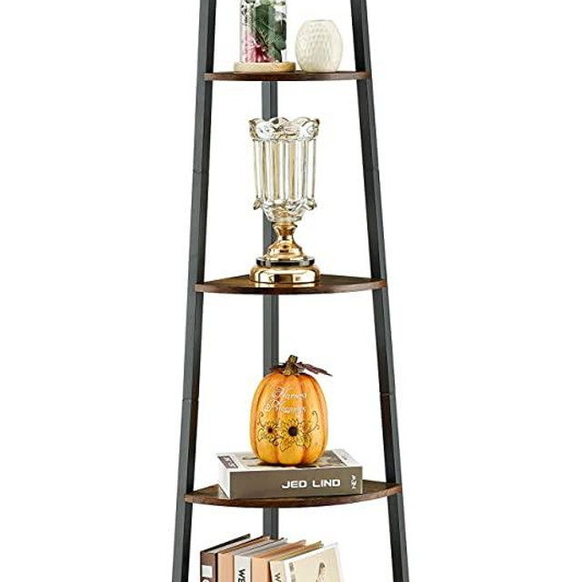 Hoctieon Corner Shelf, 5-Tier Corner Bookshelf, Rustic Corner Ladder Shelf, Industrial Display Shelf for Living Room, Kitchen, Home Office, Balcony, Small Space, Metal Frame, Rustic Brown