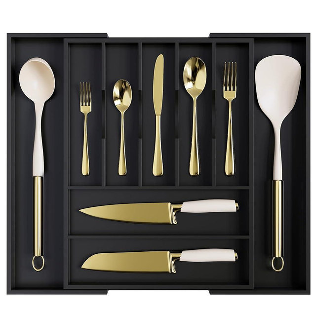 oridom Large Premium Bamboo Silverware Organizer - Expandable Drawer Organizer & Utensil Organizer - 17"x19.7" Cutlery Tray with Dividers for Kitchen Utensils and Flatware (7-9 Slots) (Black)