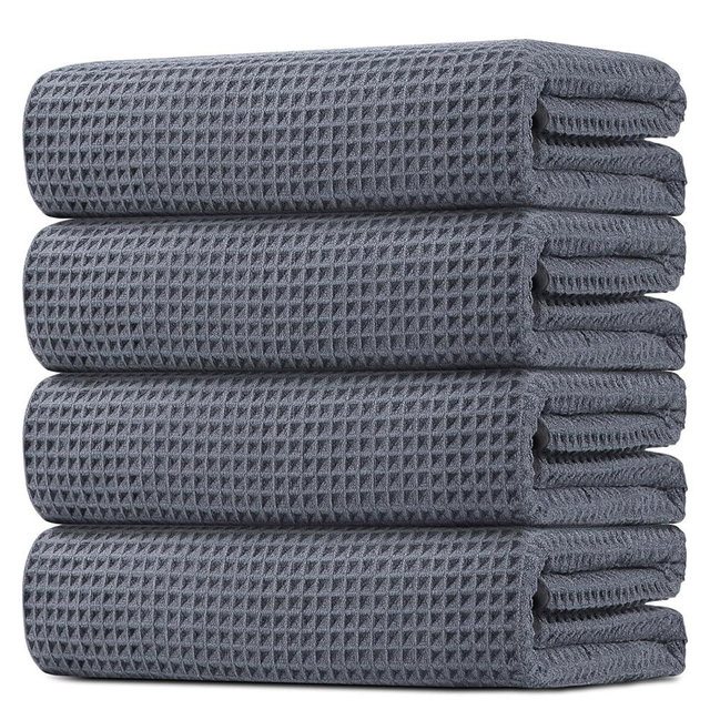 HOMEXCEL Waffle Bath Towels Set 4 Pack, Premium Microfiber Bathroom Towels, Ultra Soft, Lightweight, Highly Absorbent and Quick Dry Towel for Bathroom, Gym, Shower, Hotel, and Spa, 27 x 54 Inch, Grey