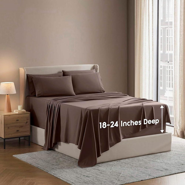 Nestl Extra Deep Cal King Sheet Set - 6 Piece Breathable & Cooling Sheets - Hotel Luxury Bedding Set w/18-24 Inch Deep Pockets - Easy & Secure Fit - Super Soft, Wrinkle Free & Comfy - Chocolate Brown