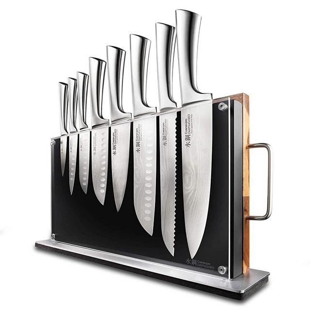 Bodo 10 Piece Knife Block with Chopping Board - Damashiro by Cuisine::pro - Includes 1 Chefs Knife and 1 Bread Knife, 3 Santoku Knife, 1 Mini Chef, 1 Utility Knife, and 1 Paring Knife