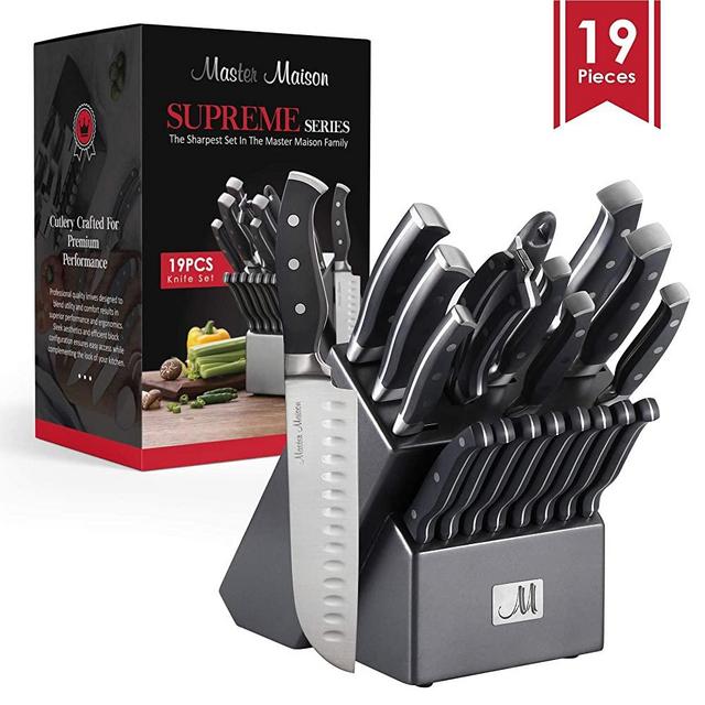 19-Piece Premium Kitchen Knife Set With Wooden Block | Master Maison German Stainless Steel Cutlery With Knife Sharpener & 8 Steak Knives (Gray)