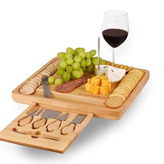 Premium Bamboo Charcuterie & Cheese Board Set - Includes 4 Cheese Knives & 10 Cheese Forks- Complete Bamboo Cheese, Fruit, Cured Meat Serving Platter With Drawer- Ideal For Parties & Events