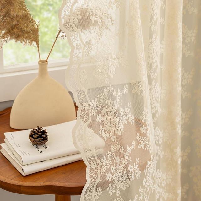 Beige Sheer Curtains 84 inches Long Vintage Lace curtains for Living Room Bedroom Light Filtering Retro Floral Pattern Shabby Chic Crochet Curtains Grandma Core Decor Pair W52 X L84 Light Beige