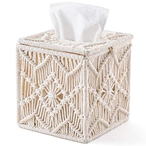 Mkono Tissue Box Cover Boho Decor Square Paper Tissue Holder with Bead Buckle Macrame Napkin Tissues Organizer Home Decor for Bathroom Bedroom Dresser Living Room Office