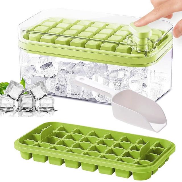 Ice Cube Tray with Lid and Bin, 2 Pack Ice Cube Trays for Freezer & 1 Ice Scoop, 64 Pcs Easy Release Ice Cube Mold Ice Tray for Chilling Cocktail Whisky Coffee (green)