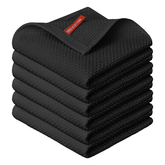 Artoid Mode 100% Cotton Black Waffle Weave Kitchen Dish Cloths, 12x12 Inch Ultra Soft Absorbent Quick Drying Kitchen Dish Towels Set of 6