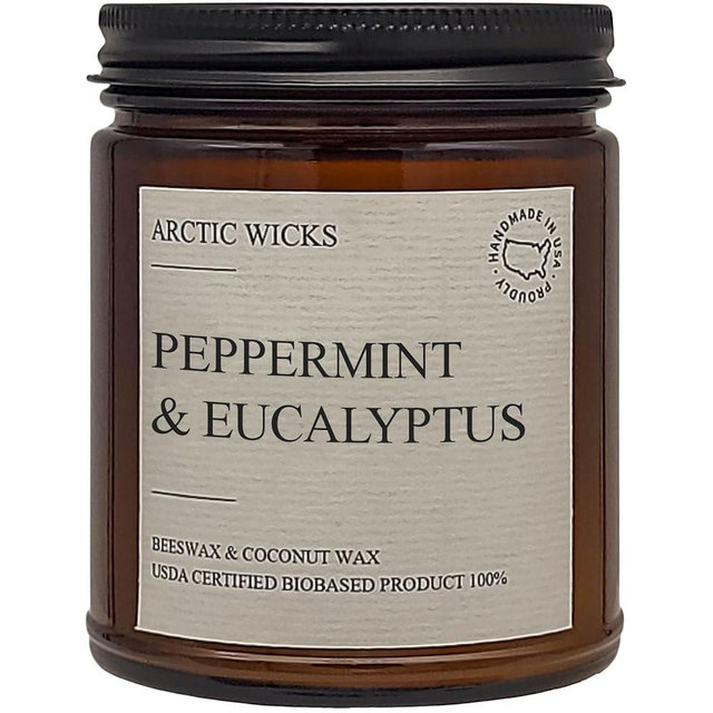 Arctic Wicks Scented Coconut Beeswax Candles | Coconut Beeswax Non Toxic Candle 9oz Amber | Farmhouse Candles Non-Toxic Clean Burn 100% USDA Certified Biobased (Peppermint & Eucalyptus)