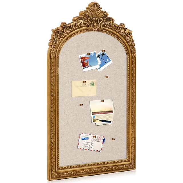 Wonderjune Vintage Framed PinBoard Linen Display Bulletin Board Large Cork Fabric Picture Photo Memo Pinboard Fancy Ornate Decorative Vision Board for Wall(Arch,16'' X 25'',Royal Gold)