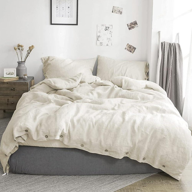 Simple&Opulence 100% Belgian Flax Linen Duvet Cover Queen Size -3 Pieces - Natural Flax French Country Bedding Set - Breathable Farmhouse Comforter Cover with Coconut Button Closure - Linen