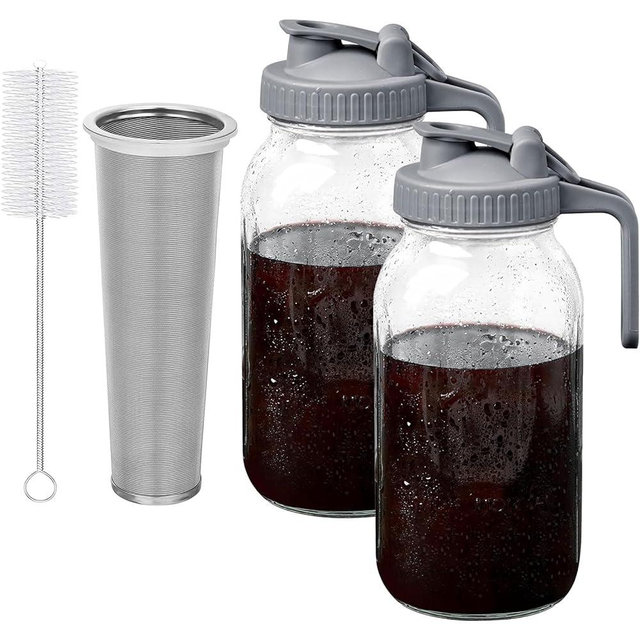 OneDream Cold Brew Coffee Maker, 2 Pack 64oz Stainless Steel Filter Cold Brew Pitcher Jar, No Leaks Cold Brew Mason Jar Coffee Maker, Easy to Clean Cold Coffee Maker