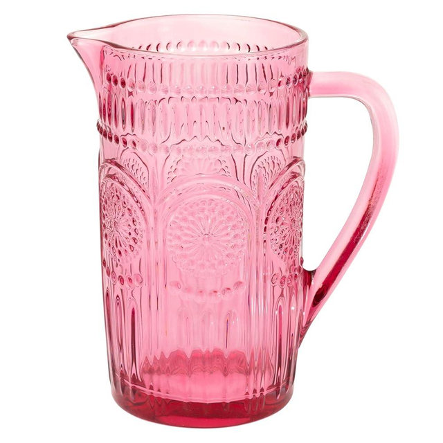 Boston International Vintage-Inspired Glass Pitcher with Embossed Floral Pattern, 4.5" x 7.75", Pink Codi