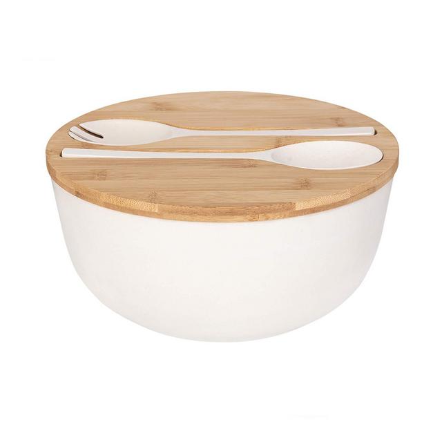GEHE Bamboo Fiber Salad Bowl with Servers Set - Large 9.8 inches mixing bowls Solid Bamboo Salad Wooden Bowl with Bamboo Lid Spoon for Fruits,Salads and Decoration (White, 9.8INCH)
