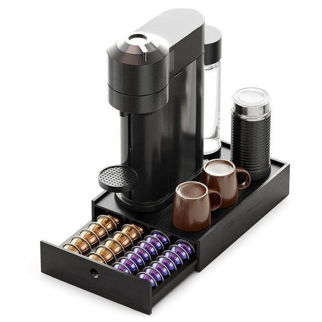 SpaceAid Bamboo Coffee Pod Holder Drawer Storage for Nespresso Vertuo Capsule, Pods Holder Organizer Tray for Nespresso Vertuo Holders, Compatible with 40 Big or 56 Small Vertuoline Pods (Black)