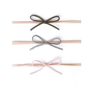 3-pk Suede Cord Bow, Grey/Pink/Army Green